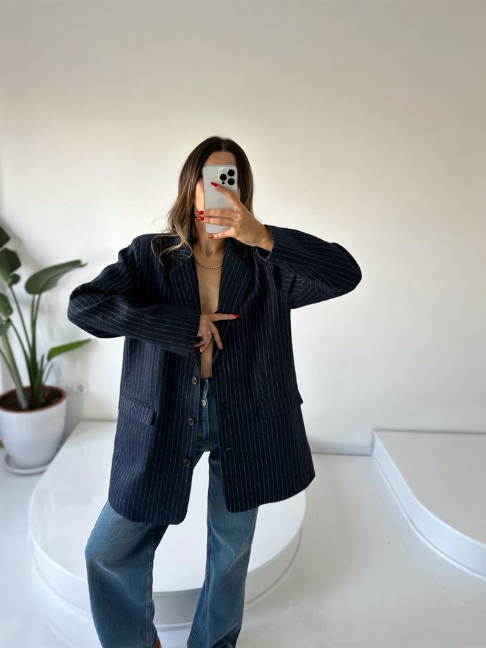 Liv Lacivert Çizgili Kaşe Premium Oversize Blazer Ceket