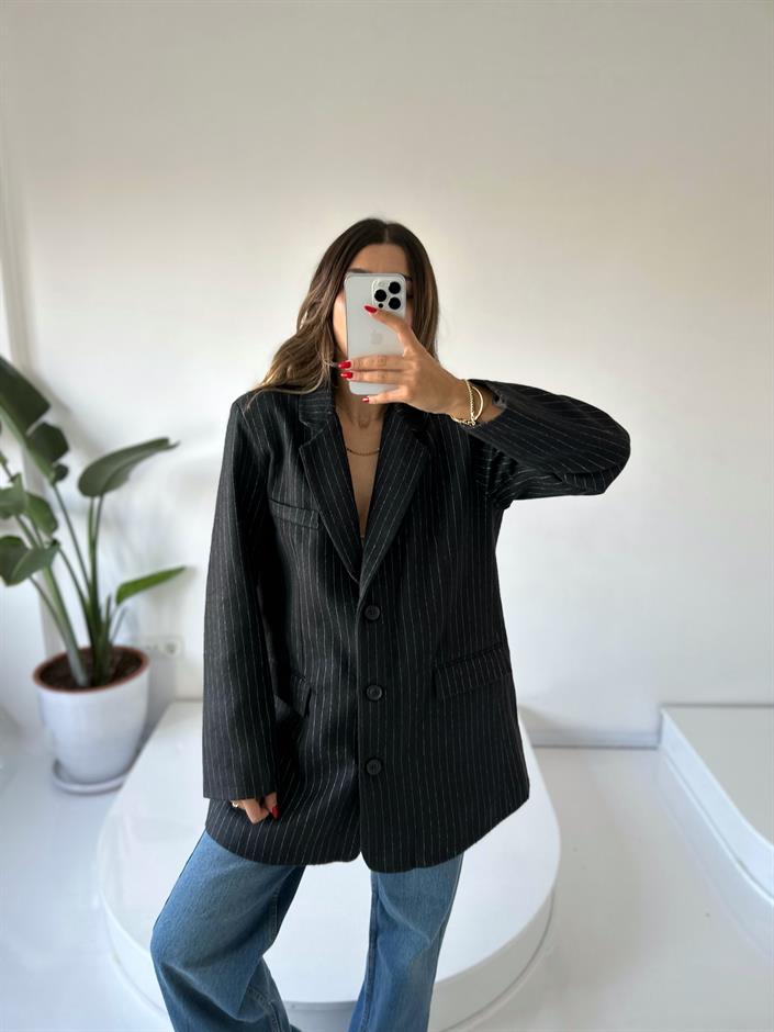 Liv Siyah Çizgili Kaşe Premium Oversize Blazer Ceket 
