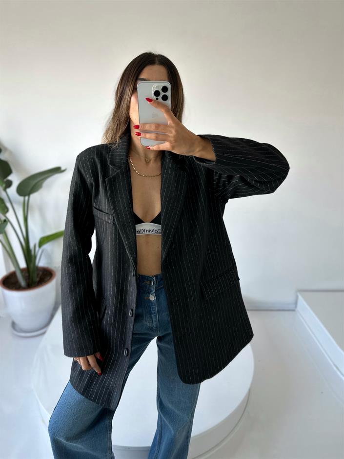 Liv Siyah Çizgili Kaşe Premium Oversize Blazer Ceket 