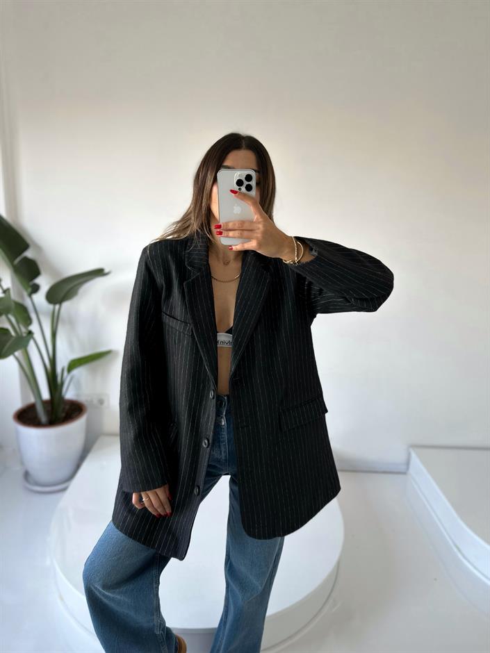 Liv Siyah Çizgili Kaşe Premium Oversize Blazer Ceket 