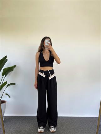 Liza Siyah Asimetrik Kemer Detaylı Pantolon