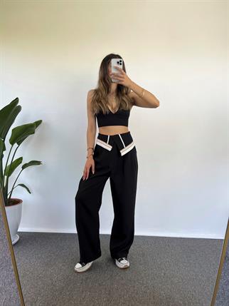 Liza Siyah Asimetrik Kemer Detaylı Pantolon