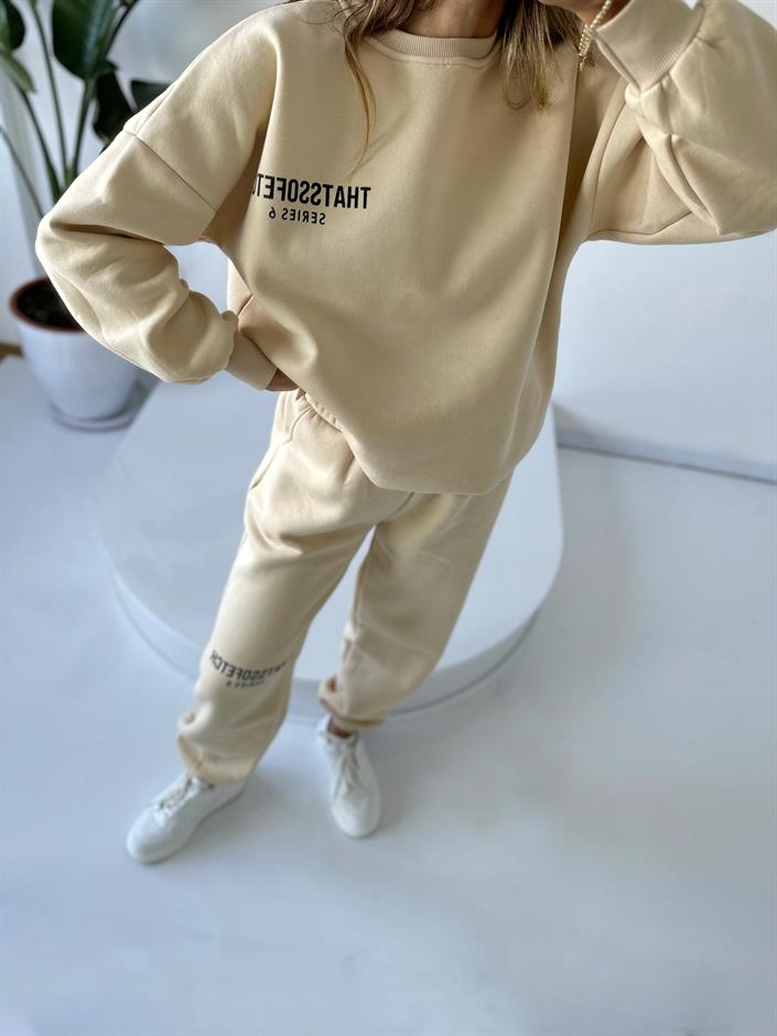 Lucky Bej Oversize Şardonlu Eşofman Takım