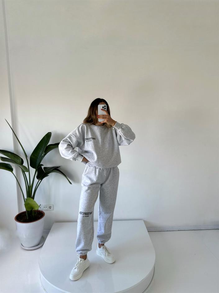 Lucky Gri Oversize Şardonlu Eşofman Takım