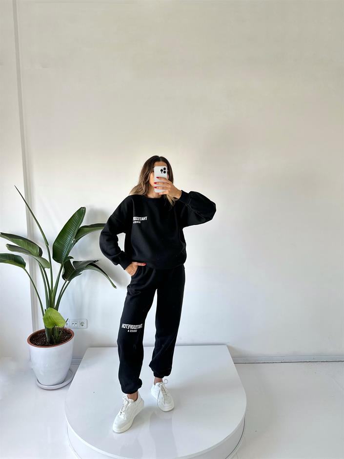 Lucky Siyah Oversize Şardonlu Eşofman Takım