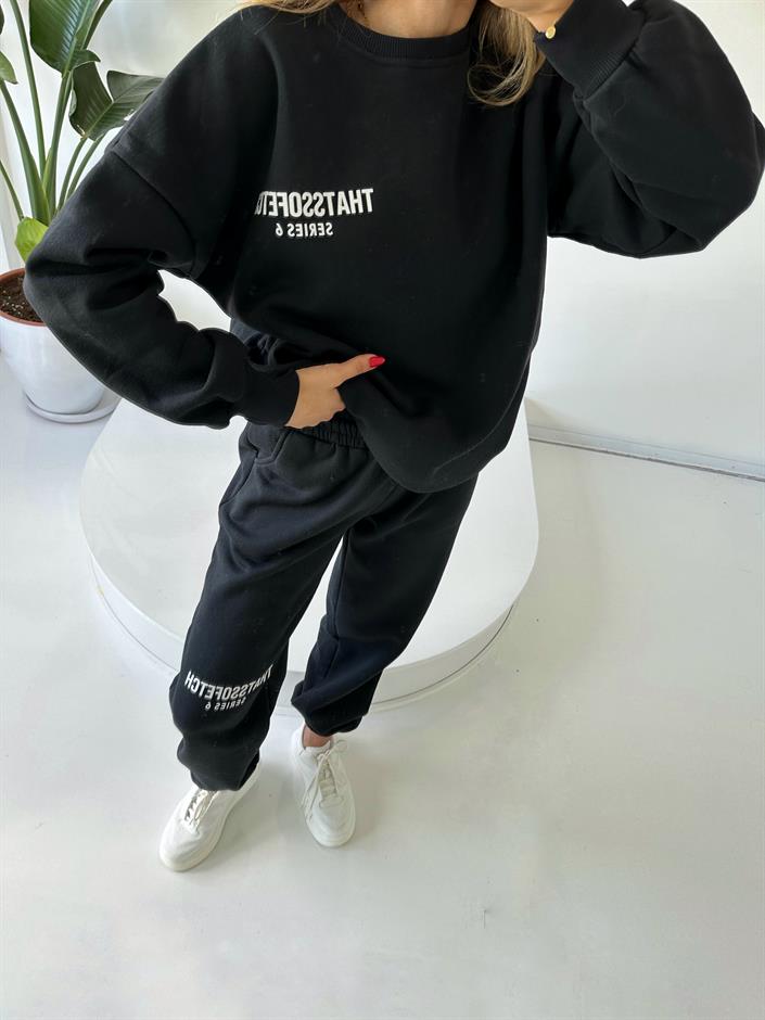 Lucky Siyah Oversize Şardonlu Eşofman Takım