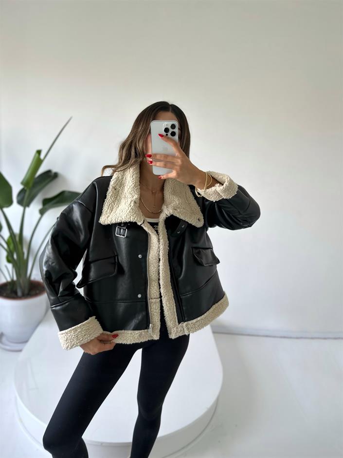 Marcela Siyah Deri Biker Kürklü Mont
