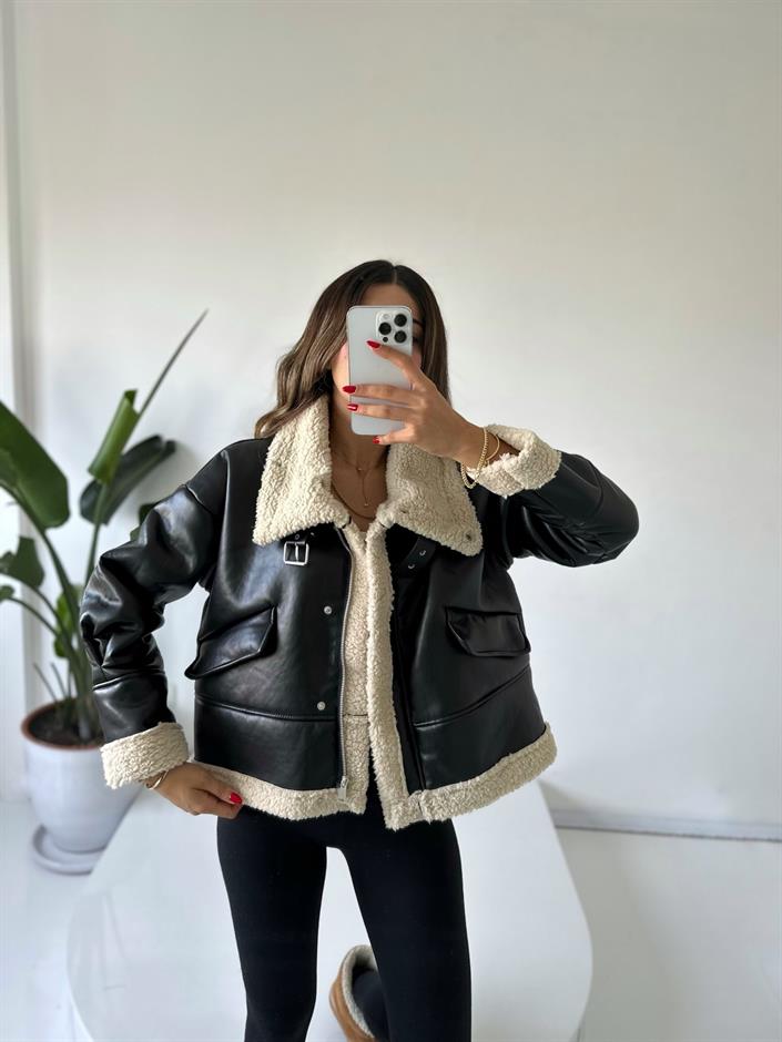 Marcela Siyah Deri Biker Kürklü Mont