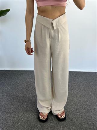 Maria Bej Keten Kemer Detaylı Pantolon