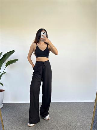 Maria Siyah Keten Kemer Detaylı Pantolon