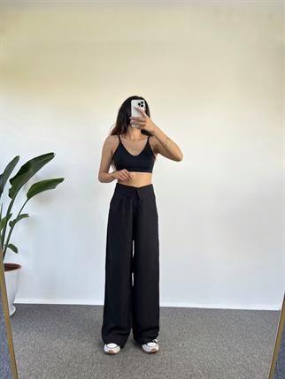 Maria Siyah Keten Kemer Detaylı Pantolon