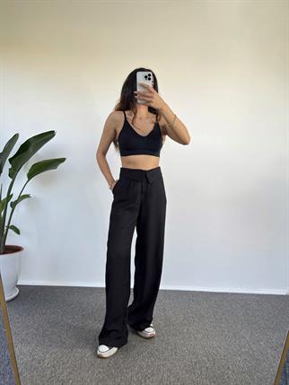 Maria Siyah Keten Kemer Detaylı Pantolon