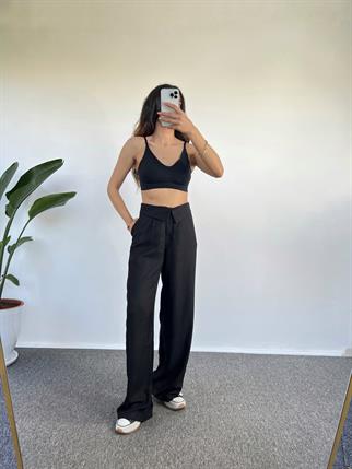 Maria Siyah Keten Kemer Detaylı Pantolon