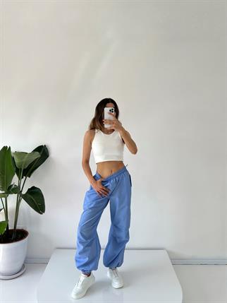 Mavi Beyaz Çizgili Cep Detaylı Paraşüt Pantolon 