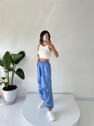 Mavi Beyaz Çizgili Cep Detaylı Paraşüt Pantolon 