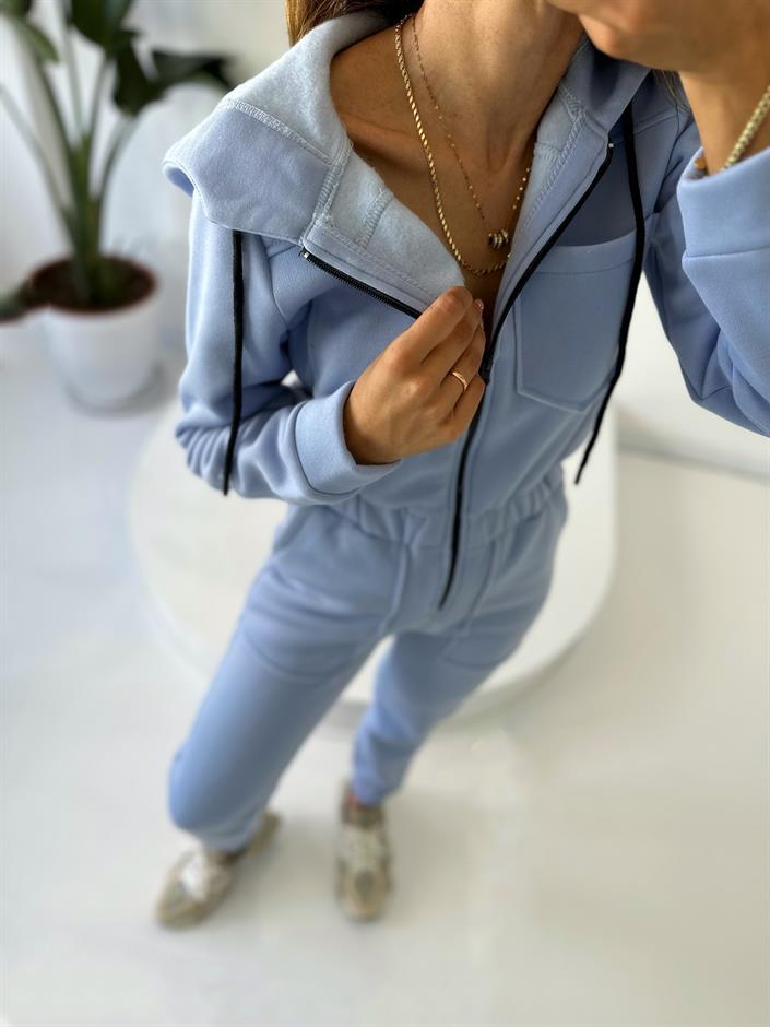 Mavi Şardonlu Üç İplik Kapüşonlu Tulum