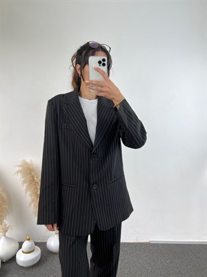Mela Siyah Çizgili Oversize Ceket Pantolon Takım 
