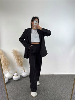 Mela Siyah Çizgili Oversize Ceket Pantolon Takım 