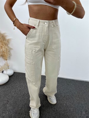 Mia Ekru Kargo Denim Pantolon