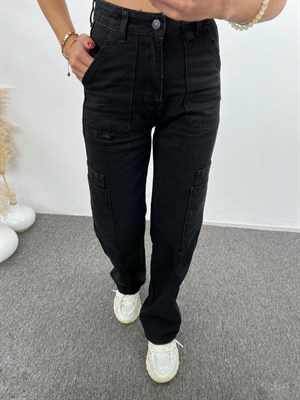 Mia Siyah Kargo Denim Pantolon 