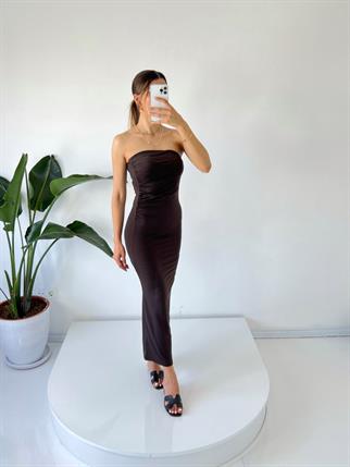 Mila Acı Kahve Straplez Drapeli Maxi Elbise