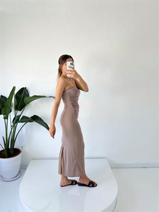 Mila Nude Straplez Drapeli Maxi Elbise