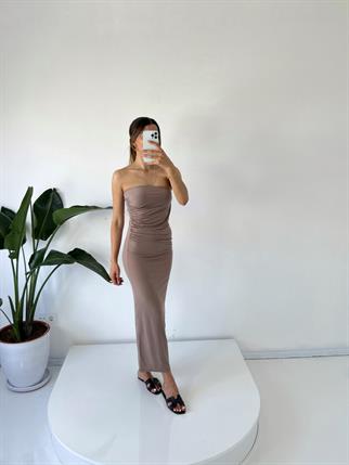 Mila Nude Straplez Drapeli Maxi Elbise