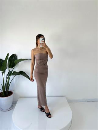 Mila Nude Straplez Drapeli Maxi Elbise