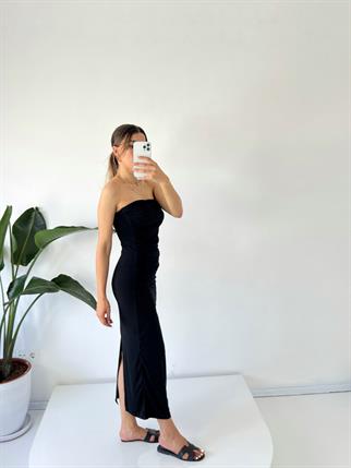 Mila Siyah Straplez Drapeli Maxi Elbise 