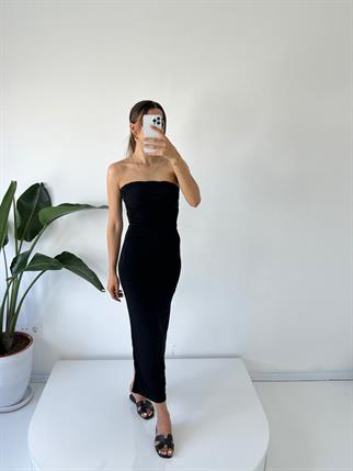 Mila Siyah Straplez Drapeli Maxi Elbise 