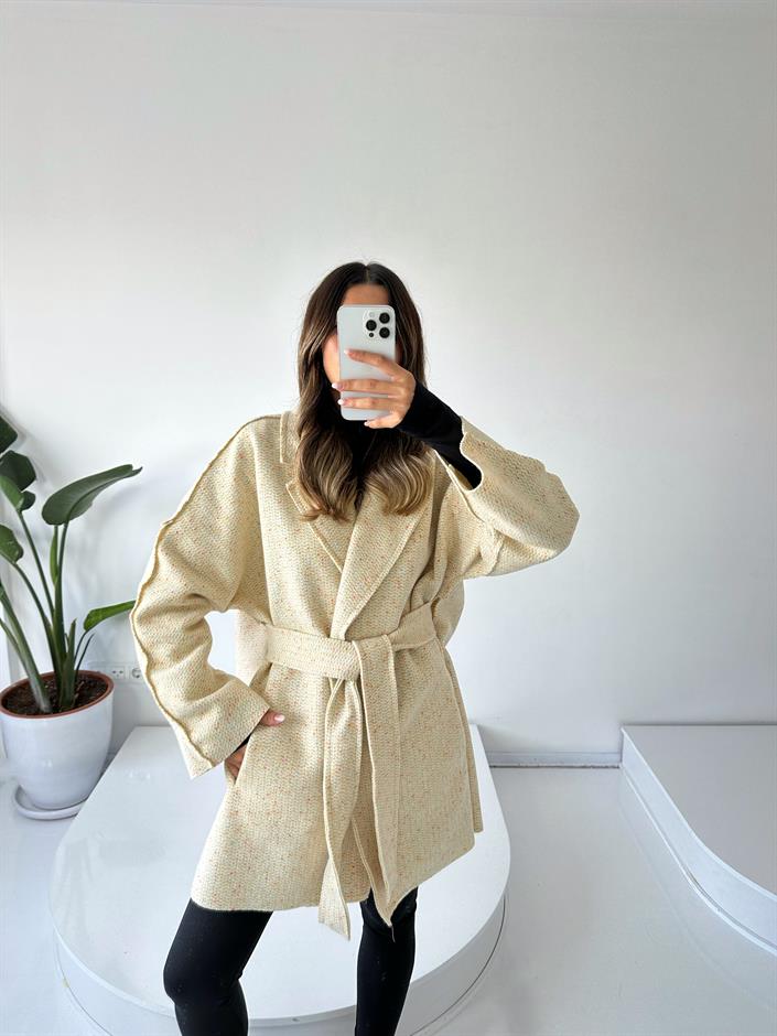 Mirela Ekru Kuşaklı Kaşe Kaban