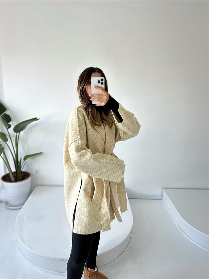 Mirela Ekru Kuşaklı Kaşe Kaban