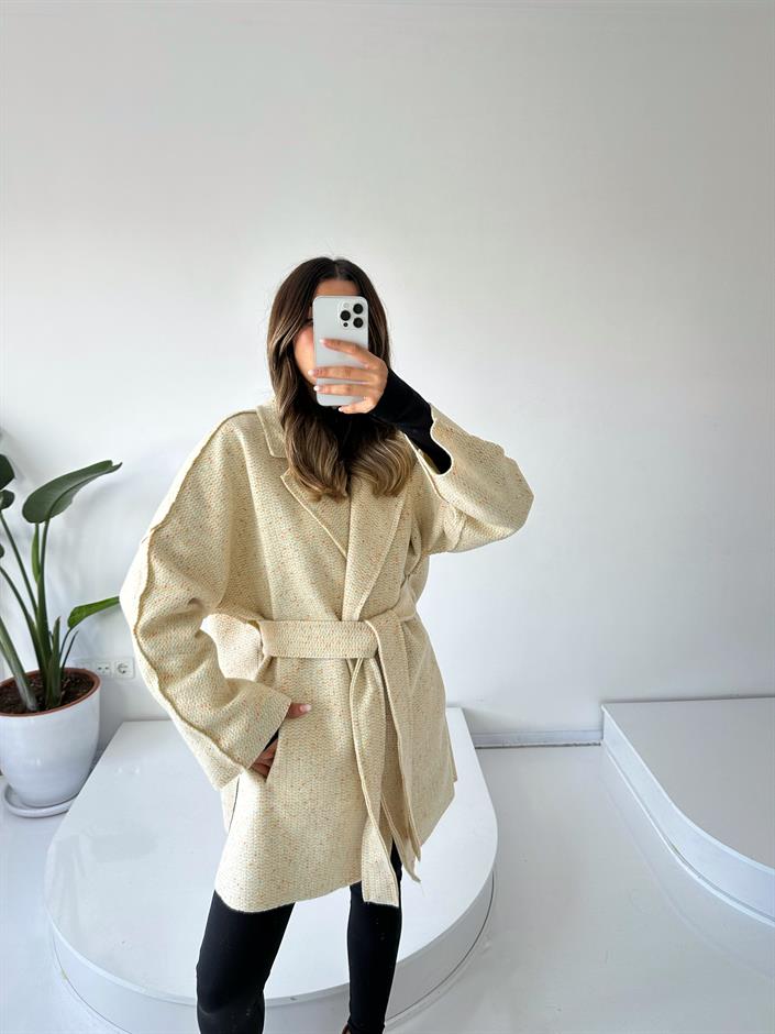 Mirela Ekru Kuşaklı Kaşe Kaban