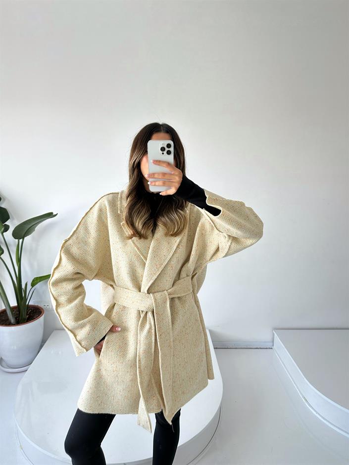 Mirela Ekru Kuşaklı Kaşe Kaban