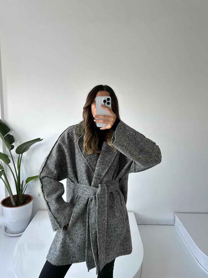 Mirela Gri Kuşaklı Kaşe Kaban 