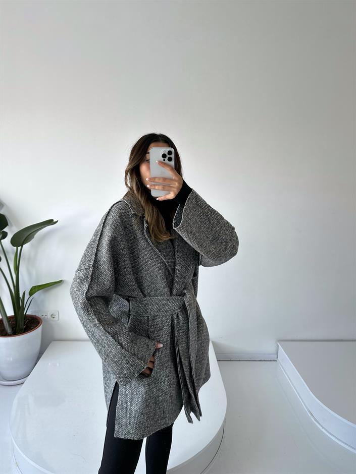 Mirela Gri Kuşaklı Kaşe Kaban 