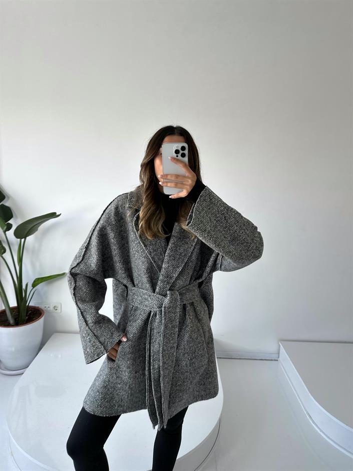 Mirela Gri Kuşaklı Kaşe Kaban 