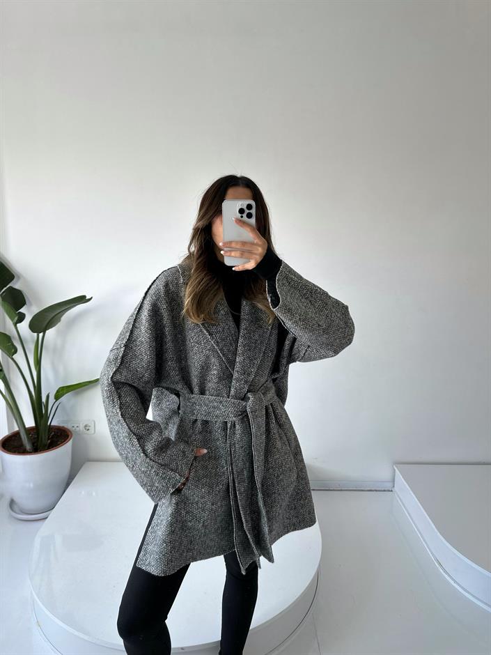 Mirela Gri Kuşaklı Kaşe Kaban 