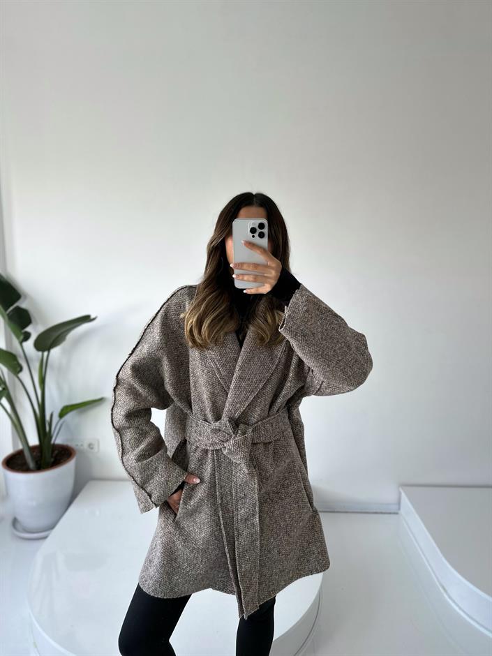 Mirela Kahve Kuşaklı Kaşe Kaban