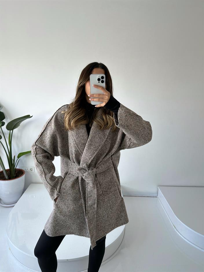 Mirela Kahve Kuşaklı Kaşe Kaban