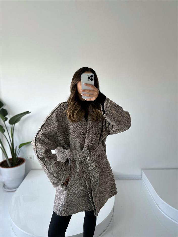 Mirela Kahve Kuşaklı Kaşe Kaban