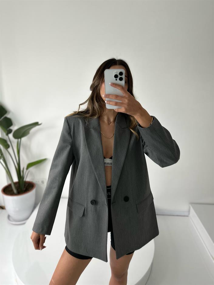 MN Premium Gri Oversize Astarlı Blazer Ceket 