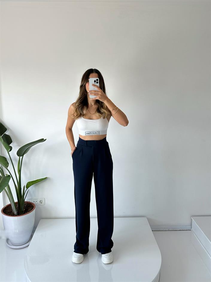 Moon Lacivert Çırt Bantlı Palazzo Pantolon