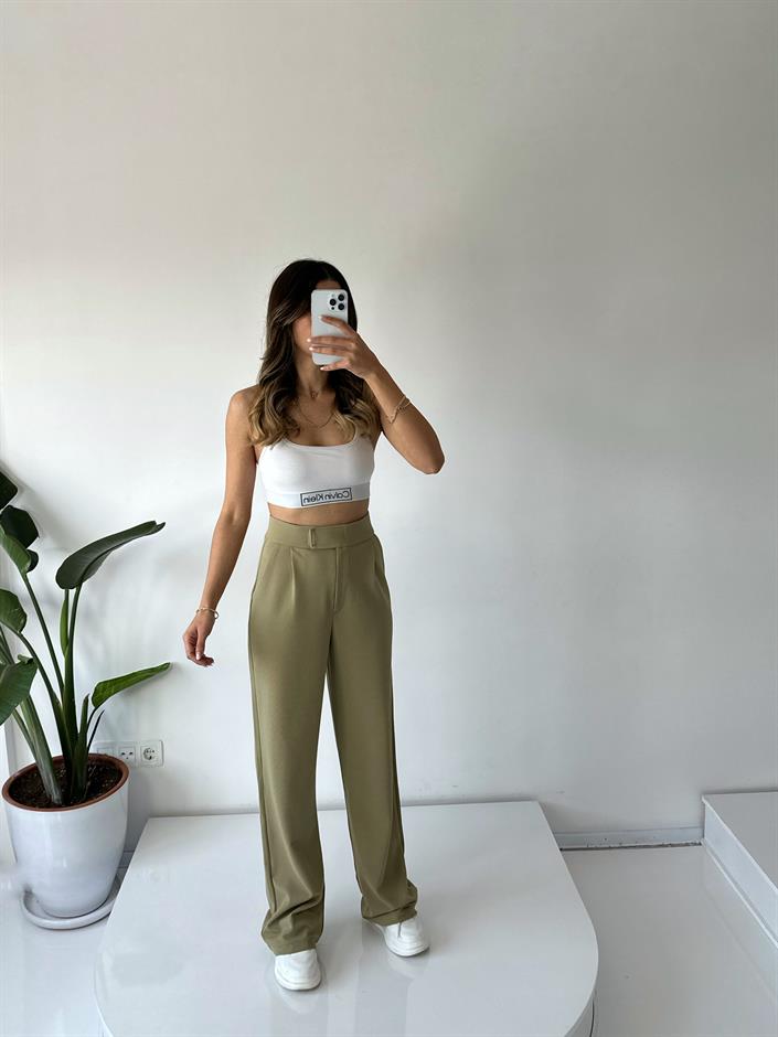 Moon Yağ Yeşili  Çırt Bantlı Palazzo Pantolon