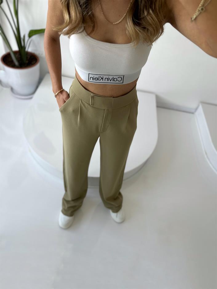 Moon Yağ Yeşili  Çırt Bantlı Palazzo Pantolon