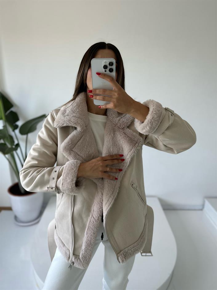 MY Bej İçi Kürklü Süet Kaban