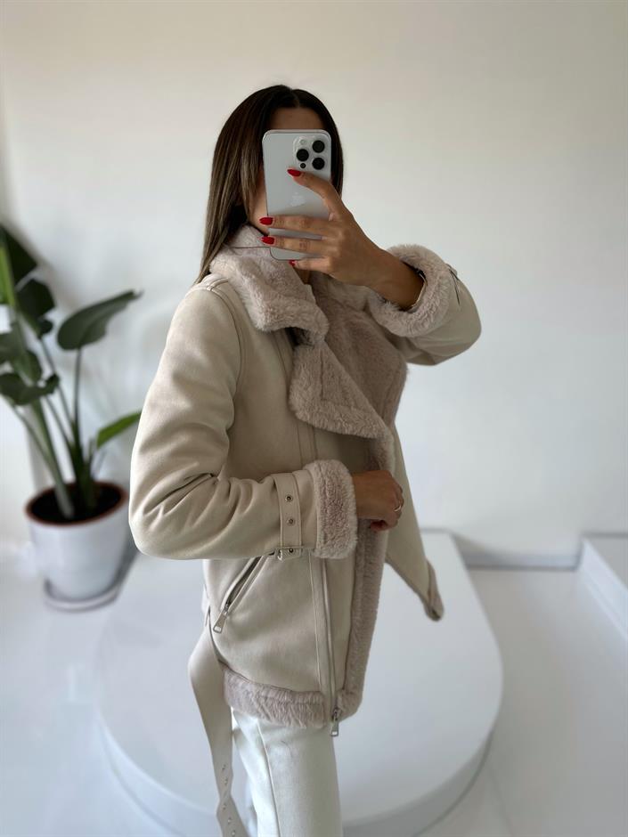 MY Bej İçi Kürklü Süet Kaban