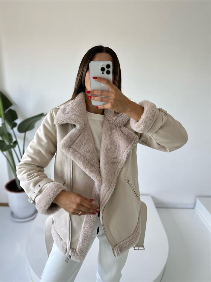 MY Bej İçi Kürklü Süet Kaban