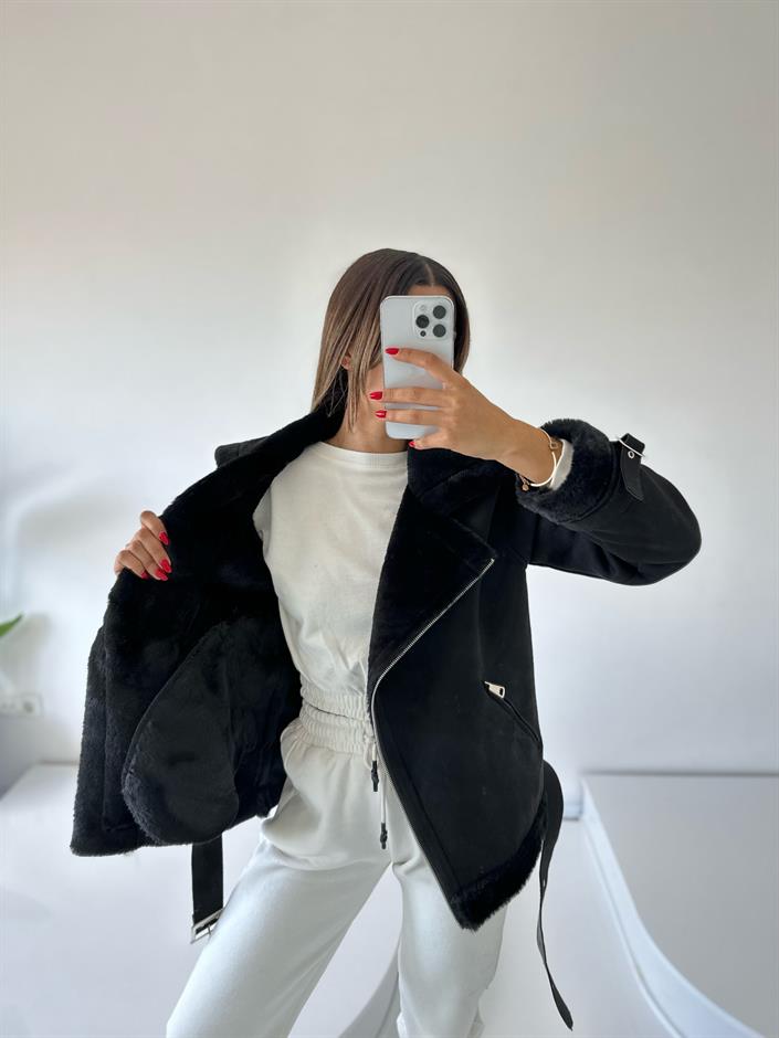 إم يه معطف شمواه أسود ببطانة فرو