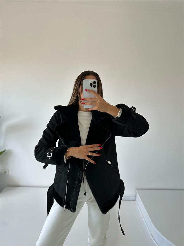 إم يه معطف شمواه أسود ببطانة فرو